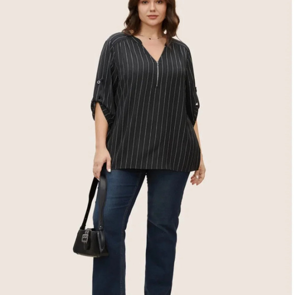 BloomChic Plus Size XL Striped Half Zip Tab Sleeve Blouse us14-16 - Picture 3 of 4